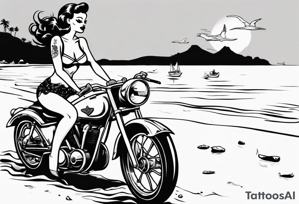 Pinup doll riding motorbike along the beach tattoo idea