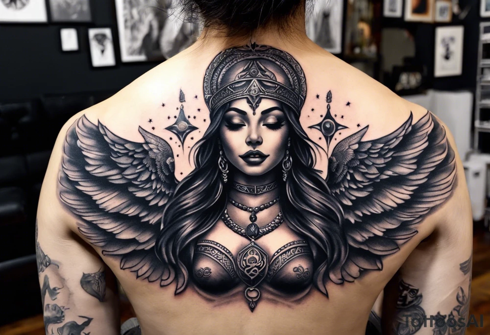 black kali, goddess pirate, alien, angel, pachamama, valkrye, warrior, flying, skull, lotus azul, wing, eagle, zenza resonance, stars, 5D, anahata chakra, death, durga, riding on a tiger, flying lady, kundalini, chest tatoo, rebel tattoo idea
