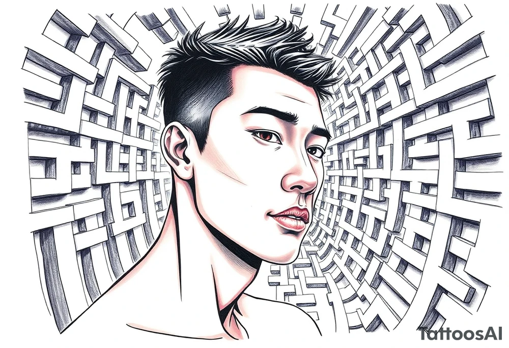 Handsome Asian young guy lost in labyrinth tattoo idea
