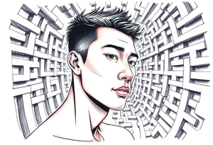 Handsome Asian young guy lost in labyrinth tattoo idea