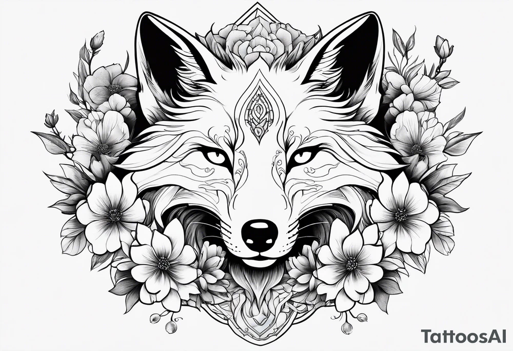 kitsune whit flowers tattoo idea