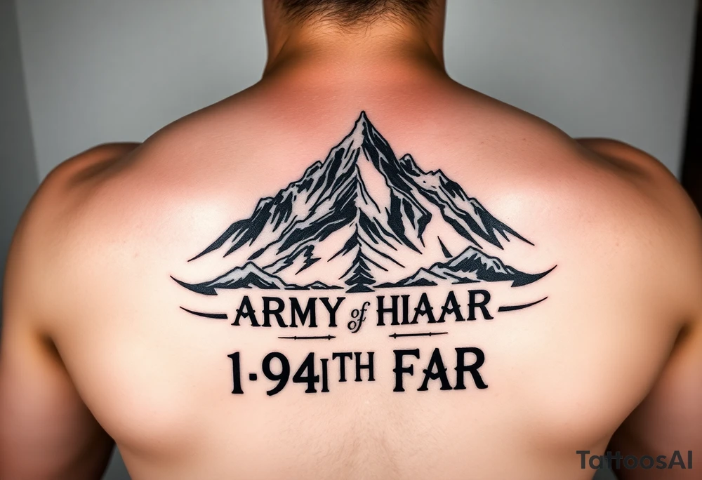 American traditional style with a mountain and ARMY HIMAR and the saying 1-94TH FAR FULL COLOR tattoo idea