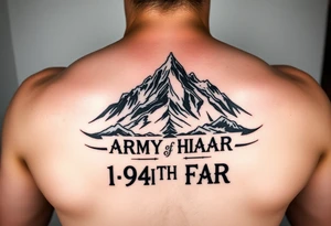 American traditional style with a mountain and ARMY HIMAR and the saying 1-94TH FAR FULL COLOR tattoo idea
