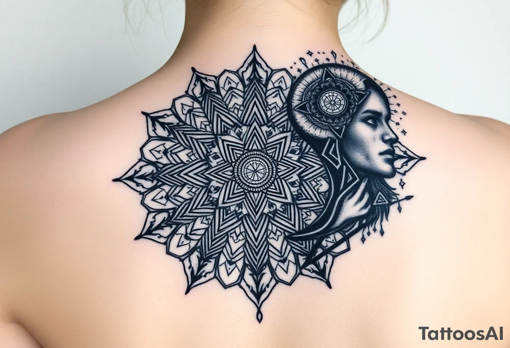 intricate mandala with sacred geometry and cosmic elements and a guy in an electric with very large head tattoo idea