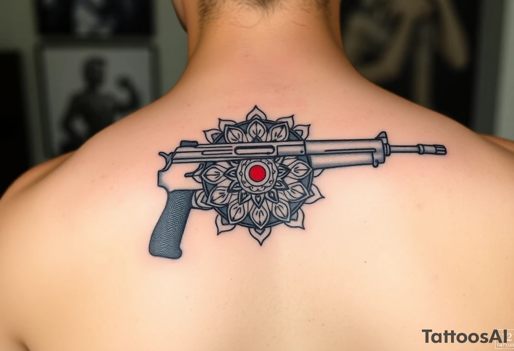 "Minimalist machine gun tattoo: Maxim 1910 outline flows into Tibetan mandala. Red dot sight is a tiny mirror. Black ink, geometric style, 10cm length. tattoo idea
