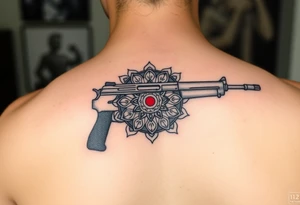 "Minimalist machine gun tattoo: Maxim 1910 outline flows into Tibetan mandala. Red dot sight is a tiny mirror. Black ink, geometric style, 10cm length. tattoo idea