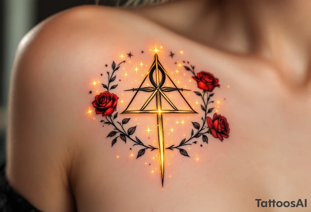 A mystical rune of love with golden light, surrounded by a faint magical aura. The symbol itself is engraved with sharp, symmetrical lines, and small roses wrap around the edges. The tattoo evokes timeless love, with deep red accents and delicate glowing stars scattered around it. tattoo idea