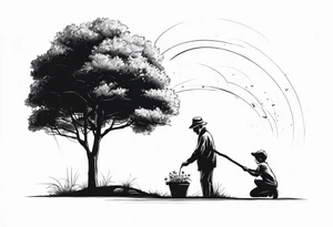 Old man planting a tree. Alongside a young boy playing under a full grown tree. tattoo idea