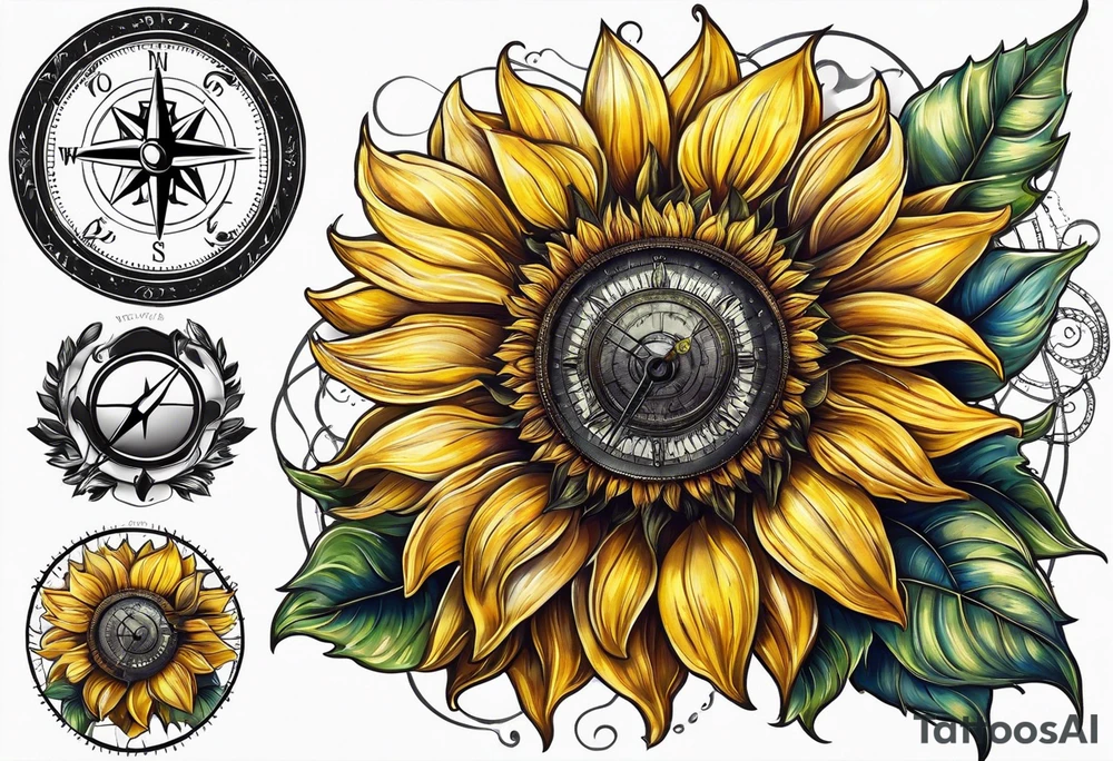 Sunflower next to a compass tattoo idea