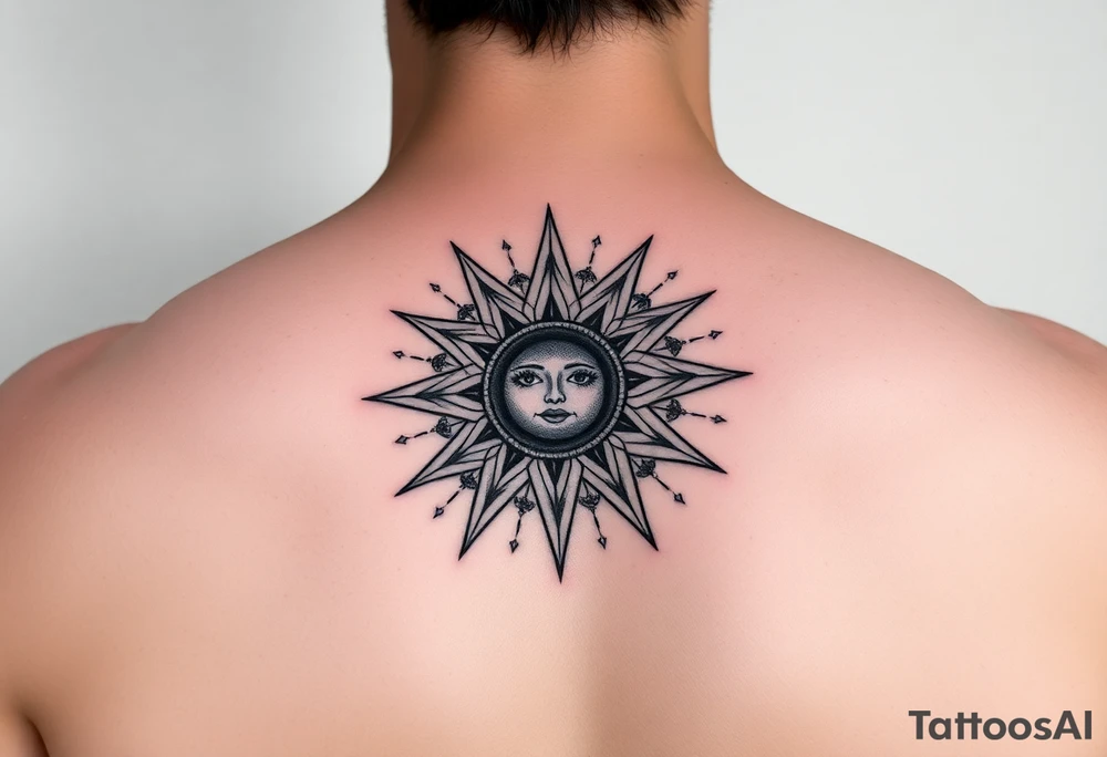 celestial sun and moon embrace with constellation patterns tattoo idea