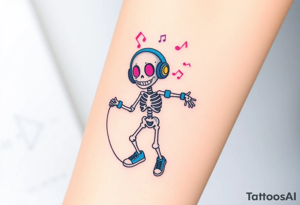 Cute smiley skeleton with pink dreamy eyes in his eyes jumping on a jump rope with blue headphones blue armbands blue sneakers and colorful  music notes around his head tattoo idea