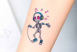 Cute smiley skeleton with pink dreamy eyes in his eyes jumping on a jump rope with blue headphones blue armbands blue sneakers and colorful  music notes around his head tattoo idea