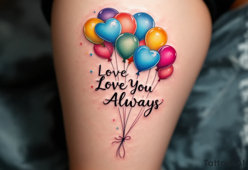 Bright balloons floating upward with “Love You Always” spelled across them in multicolor. tattoo idea