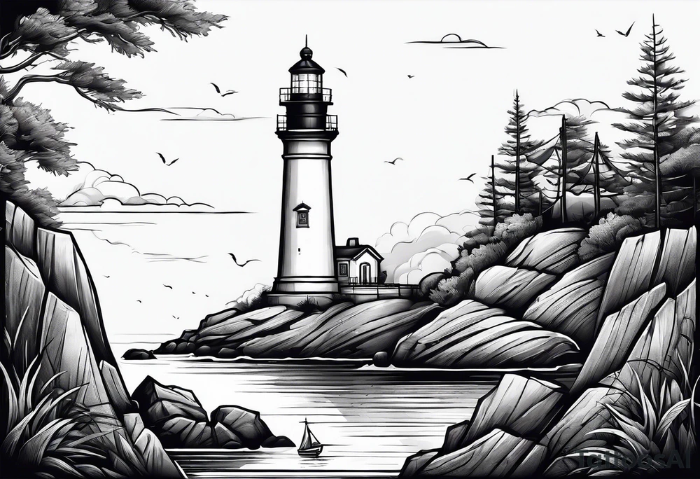 maritime lighthouse partially hidden by its  large fixed sails. tattoo idea