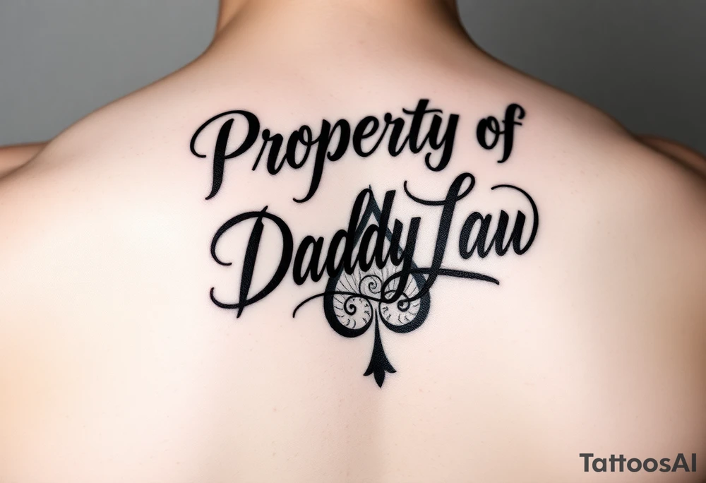 Lettering in calligraphy/cursive that says:
Property of
Daddy Law

(Somewhere in there a queen of spades. 
Area of tattoo: ass
) tattoo idea