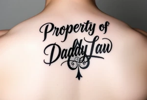 Lettering in calligraphy/cursive that says:
Property of
Daddy Law

(Somewhere in there a queen of spades. 
Area of tattoo: ass
) tattoo idea