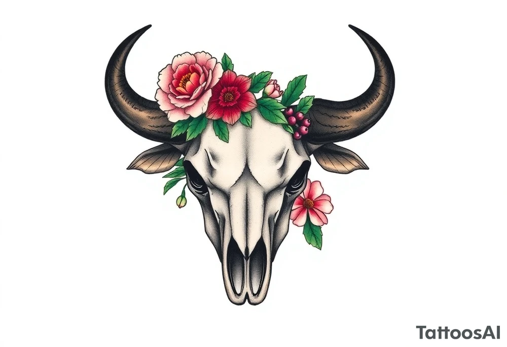 Buffalo skull with flowers. Peony, snowdrop, holly with berries, larkspur, peony. Colour. For upper arm. Masculin. 

Have one peony and snowdrop above horns. Have holly with berries, larkspur, peony below horns. tattoo idea