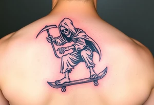 Colorful grim reaper riding skateboard tattoo idea