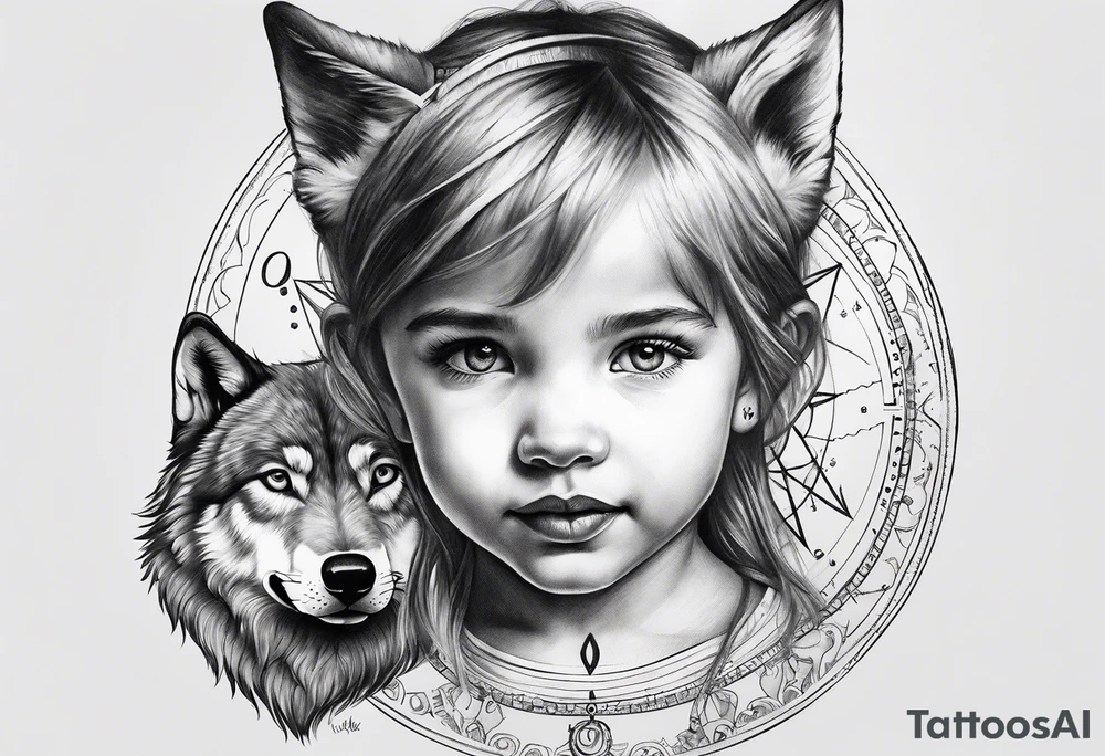 Toddler girl with wolf face and compass tattoo idea