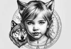 Toddler girl with wolf face and compass tattoo idea