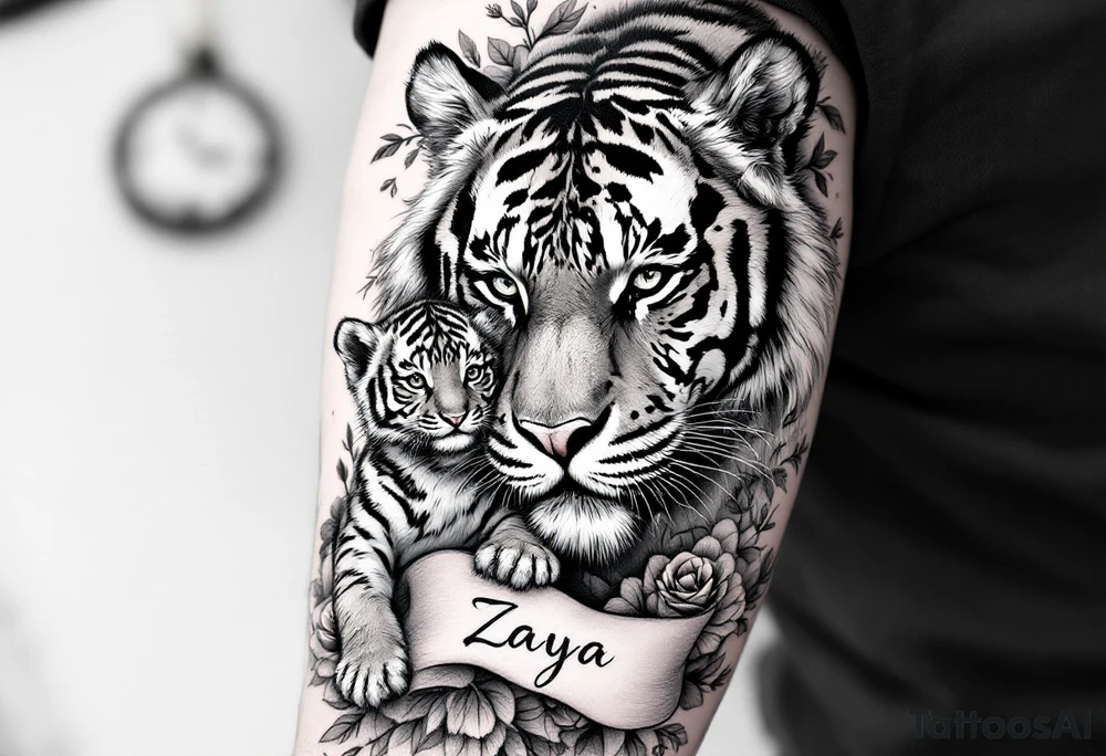 Beautiful, strong and fierce adult female tiger and her cub surrounded by roses and flowers with my daughters name “Zaya” half a sleeve on my arm tattoo idea