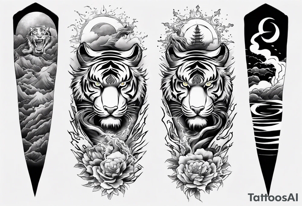 Tiger Warrior sleeve tattoo with lightning and the sun
Forearm sleeve tattoo idea