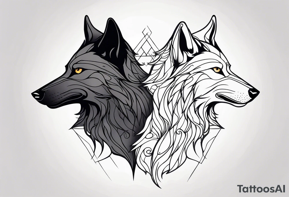 a wolf and a raven back to back facing opposite direction integrated into image tattoo idea