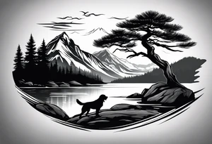 Sleeve tattoo windswept pine tree before lake with low rock face on another side of lake. Mastiff dog silhouette in foreground. tattoo idea