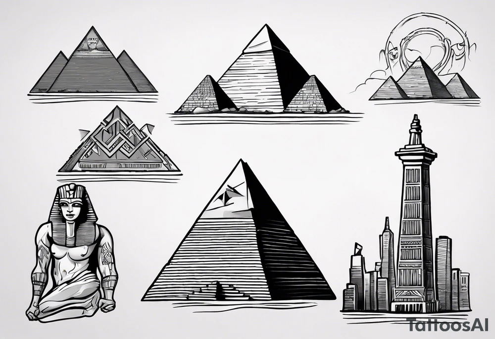 Generate a tattoo design featuring the Pyramids of Giza merging with the Manhattan skyline. Include vibrant colors to highlight both Egyptian and New York elements. Ensure a balanced composition with attention to detail tattoo idea