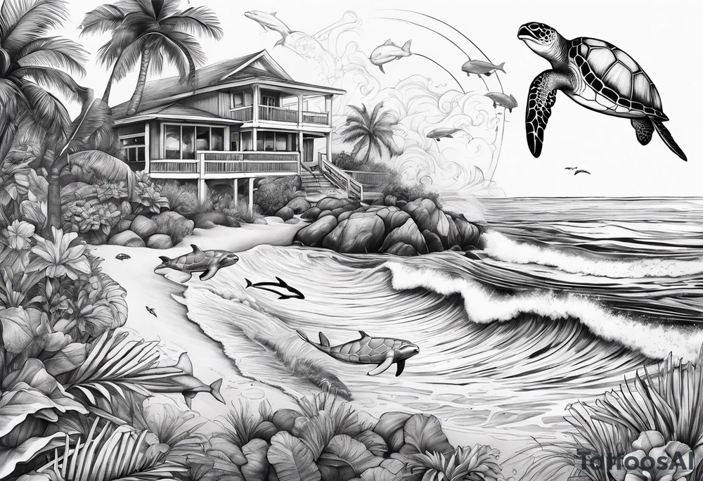 Ocean vibes with palm trees and sea turtles and dolphins tattoo idea