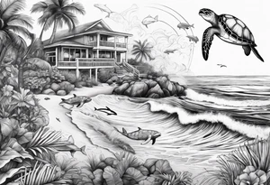 Ocean vibes with palm trees and sea turtles and dolphins tattoo idea
