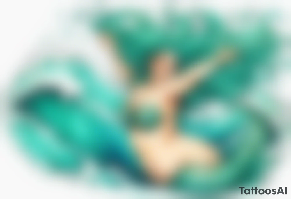 a beautiful chubby turquoise mermaid emerging from an ocean wave, crashing onto the shore tattoo idea