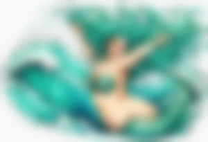 a beautiful chubby turquoise mermaid emerging from an ocean wave, crashing onto the shore tattoo idea