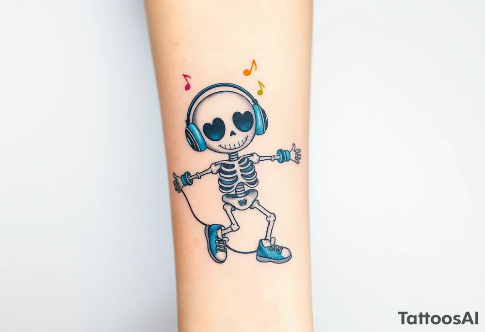 Cute smiley skeleton with heart shape eyes  jumping on a jump rope with both hands blue headphones blue armbands blue sneakers and colorful  music notes around his head tattoo idea