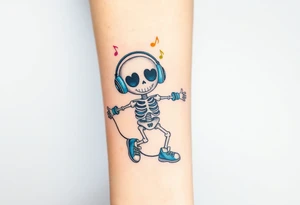 Cute smiley skeleton with heart shape eyes  jumping on a jump rope with both hands blue headphones blue armbands blue sneakers and colorful  music notes around his head tattoo idea