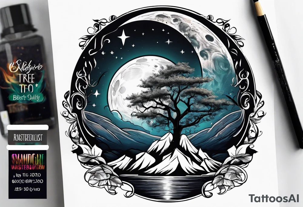 design moon tree campfire. playing the guitar music tattoo idea