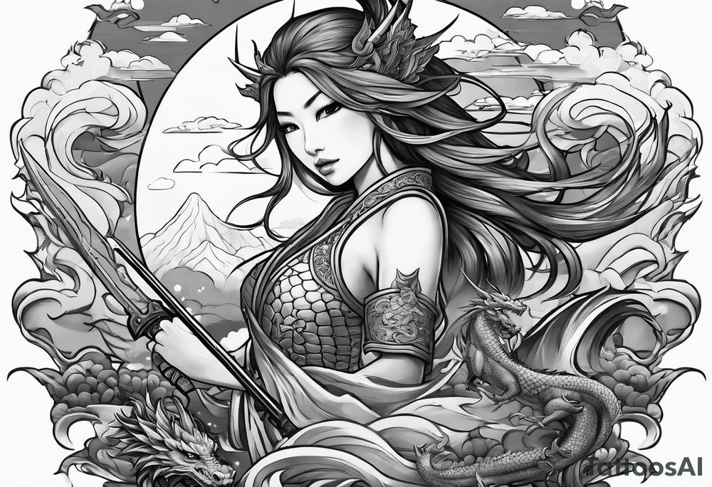 warrior fairy nymph full body with sword and a full dragon with a mountain with cloud and Japanese building background tattoo idea