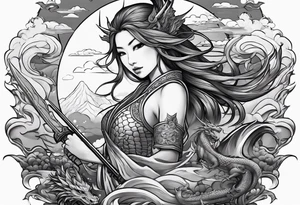 warrior fairy nymph full body with sword and a full dragon with a mountain with cloud and Japanese building background tattoo idea