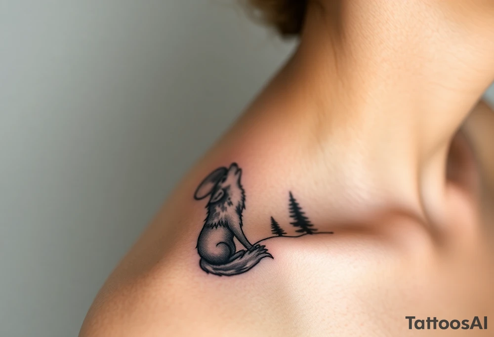 lone wolf howling at full moon with northern lights backdrop tattoo idea