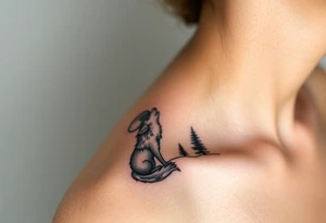 lone wolf howling at full moon with northern lights backdrop tattoo idea
