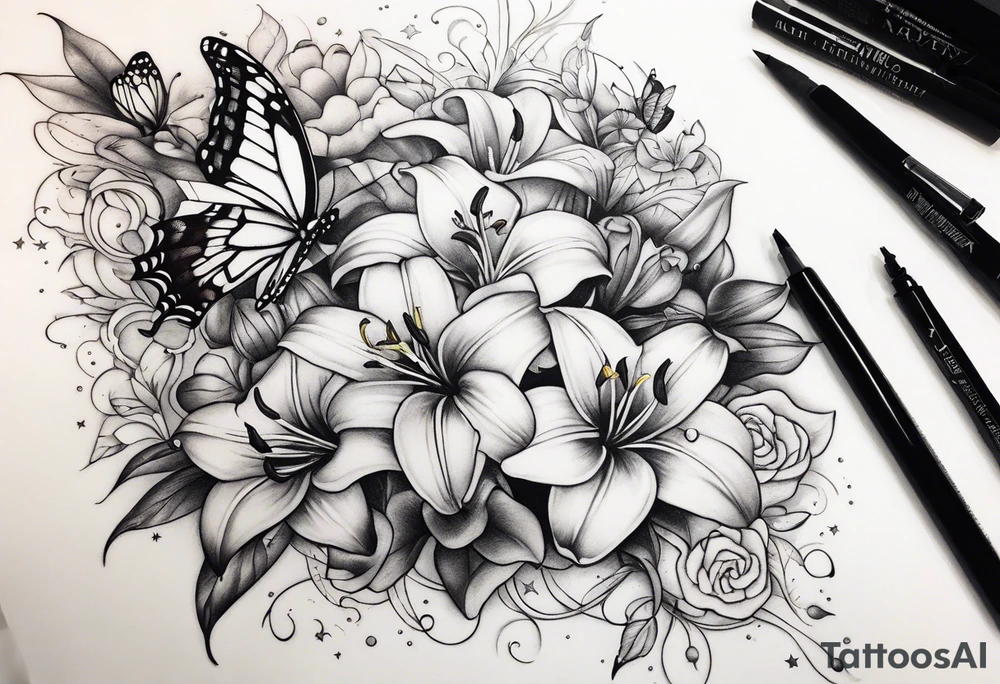 Harvey Ruby lillies flowers butterflies stars fantasy books half sleeve tattoo idea