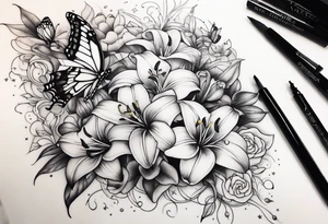 Harvey Ruby lillies flowers butterflies stars fantasy books half sleeve tattoo idea