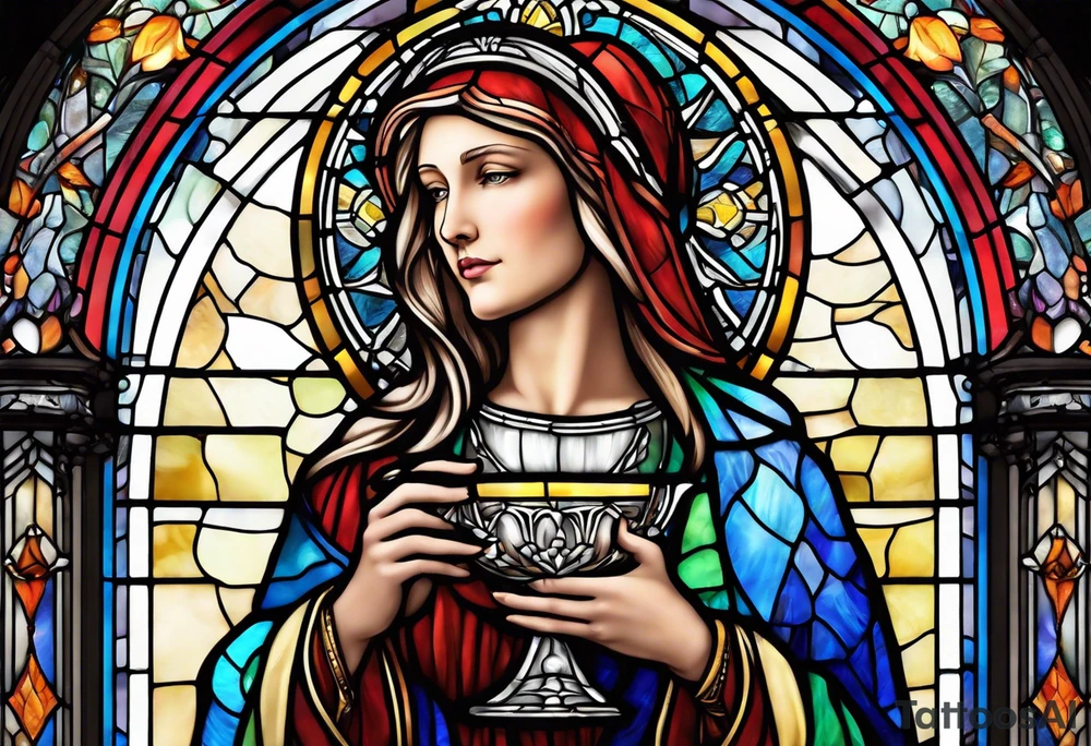 holy saint woman stained glass holding a chalice tattoo idea