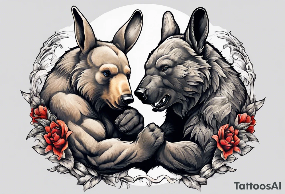 Muscular bear and strong rabbit fighting tattoo idea