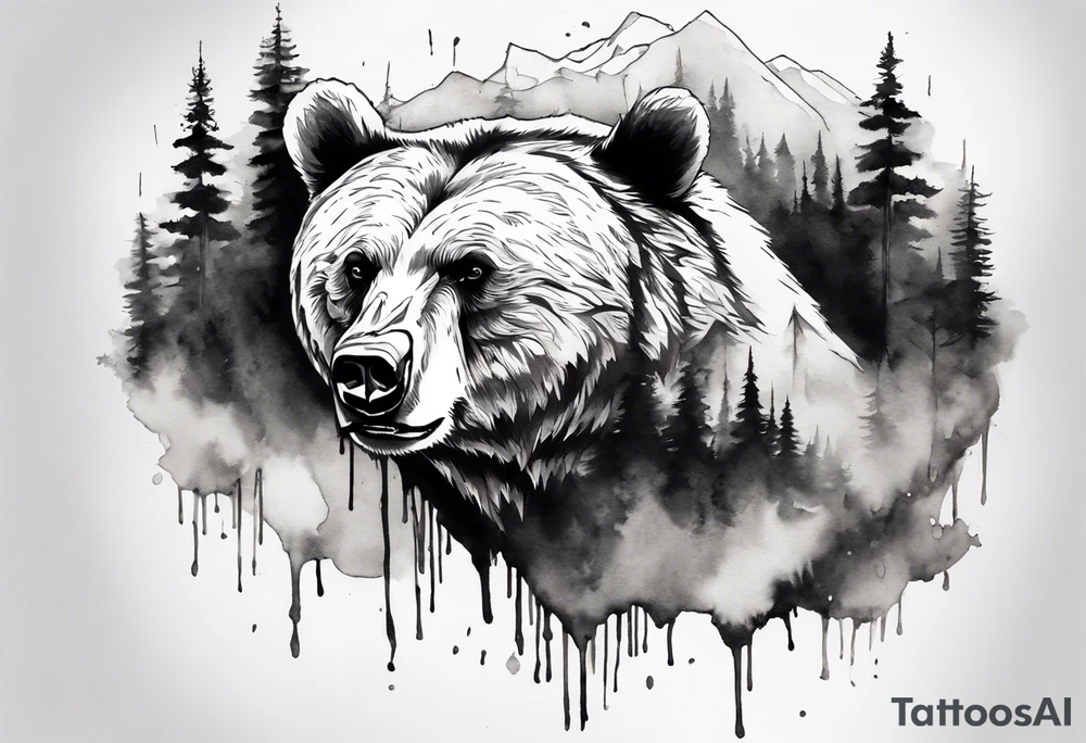bear head right above the forest line with a lake below, full arm sleeve tattoo tattoo idea