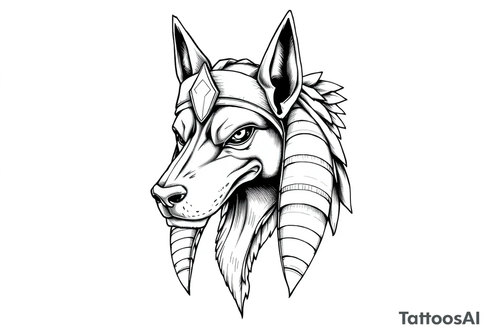 powerful majestic muscle anubis Egyptian god face mix with dog
without eyes with mantle on head tattoo idea