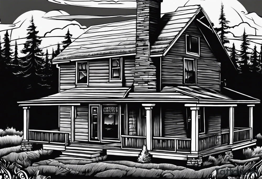 cabin chimney smoke says "Hutting Est. 2004" friends sunset tattoo idea