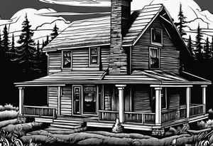 cabin chimney smoke says "Hutting Est. 2004" friends sunset tattoo idea