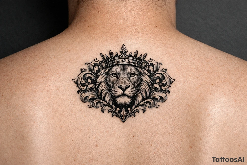 powerful majestic lion with a crown, framed by ornate floral scrollwork tattoo idea
