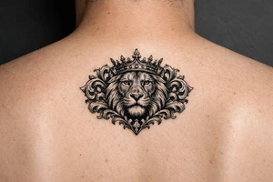 powerful majestic lion with a crown, framed by ornate floral scrollwork tattoo idea